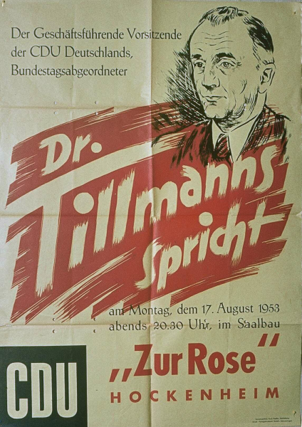 Ankündigungsplakat für eine Veranstaltung mit Dr. Robert Tillmanns am 17. August 1953