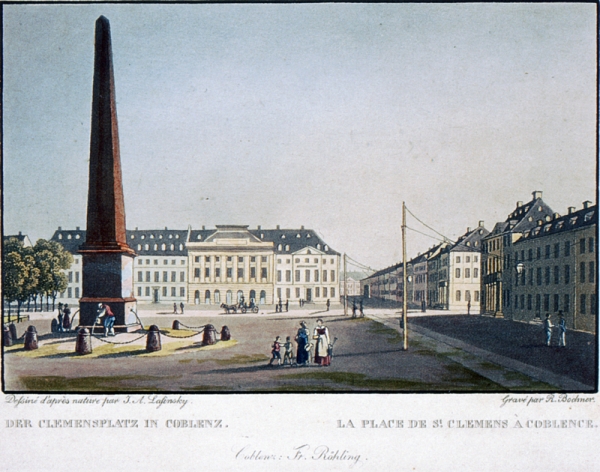 Obelisk vor dem Theater am Clemensplatz in Koblenz, R.Bodmer, Altkolorierter Aquatinta-Stich nach Vorlage von J.A. Lasinsky, um 1830