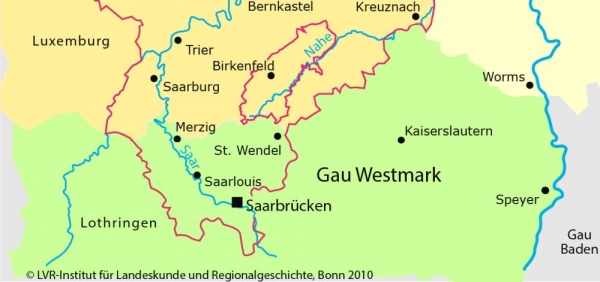 Gau Westmark (grüne Umrandung), Ausschnitt aus der Karte 'Nationalsozialistische Gaue im Rheinland 1944', Bonn 2010