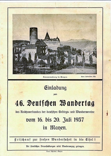 Die Einladung zum 46. Deutschen Wandertag im Juli 1937 in Mayen, oben abgebildet die Genovevaburg in Mayen