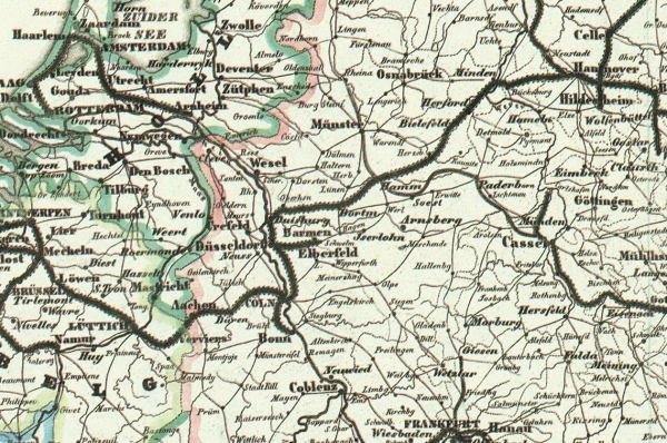 Ausschnitt der Eisenbahn-Strecken am Niederrhein, aus der Bahnkarte-Deutschland von 1849