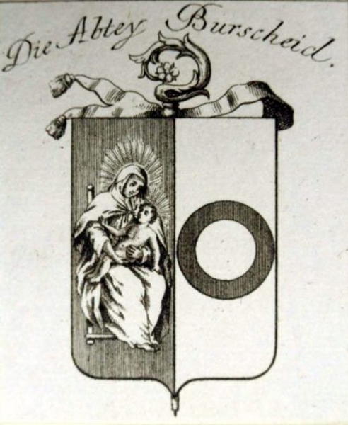 Ursprüngliches Wappen der Abtei Burtscheid bei Aachen, Kupferstich von Franz Johann Joseph von Reilly 1791