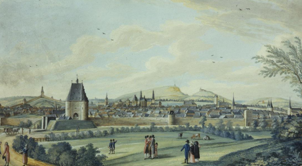 Ansicht der Stadt Aachen von Süden mit dem Marschiertor und einem Teil der Stadtmauer im Vordergrund, Gouachebild des Aachener Malers Johann Ferdinand Jansen