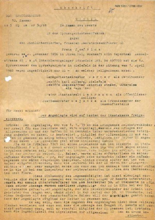 Urteil des Spruchgerichts Bielefeld, April 1948, Das Entnazifizierungsverfahren des NSDAP-Kreisleiters von Schleiden Franz Binz