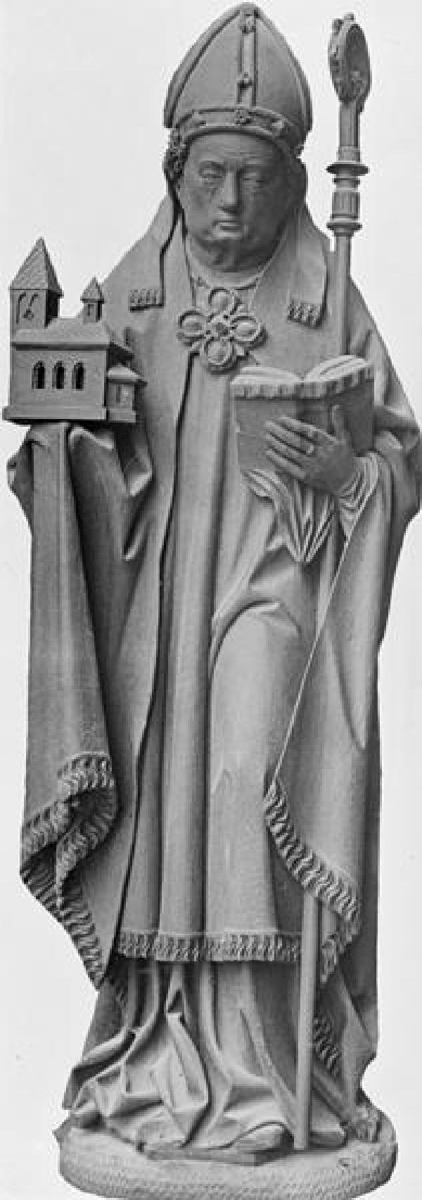 Heiliger Severin, Holzskulptur des Kölner Bischofs in der Katholischen Pfarrkirche St. Mariä Himmelfahrt in Ginderich, Arnt Beeldsnider zugeschrieben, um 1500