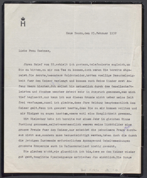 Brief der Kaiserin Hermine an Sophie Haehner vom 25.2.1932, Vorderseite (Historisches Archiv der Stadt Köln, 1193A, A 110)