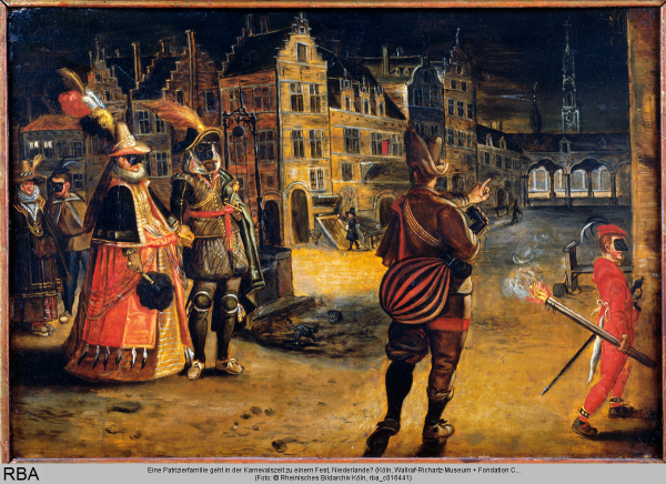 Eine Patrizierfamilie geht in der Karnevalszeit zu einem Fest, 1601/1700