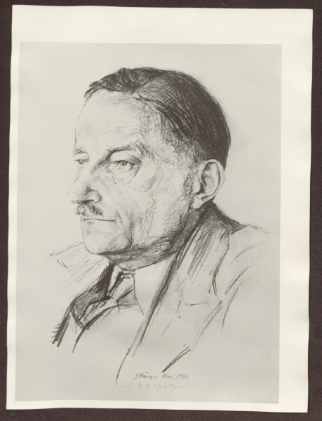 Bernhard Schweitzer im Mai 1946, Nachdruck einer Zeichnung von H. Bürger