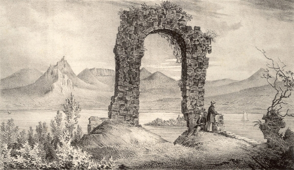 Der Rolandsbogen, ehemaliges Burgfenster der Burg Rolandseck, Lithographie nach einer unbekannten Vorlage, vor 1837
