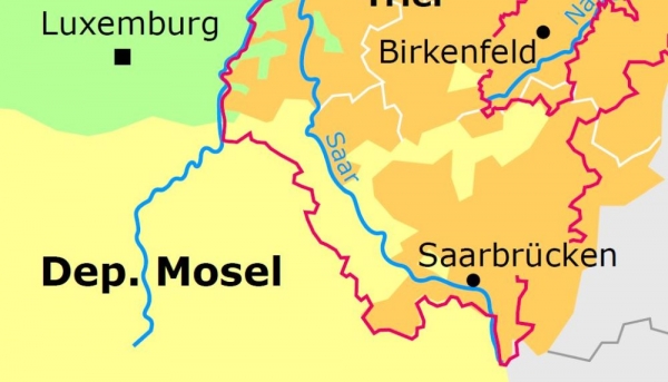 Moseldepartement (gelbe Umrandung), Ausschnitt aus der Karte 'Linksrheinische Departements im Rheinland 1813', Bonn 2010