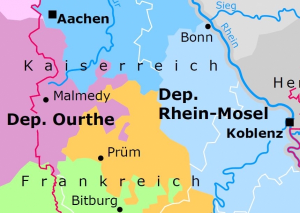 Ourthedepartement (lila Umrandung), Ausschnitt aus der Karte 'Linksrheinische Departements im Rheinland 1813', Bonn 2010