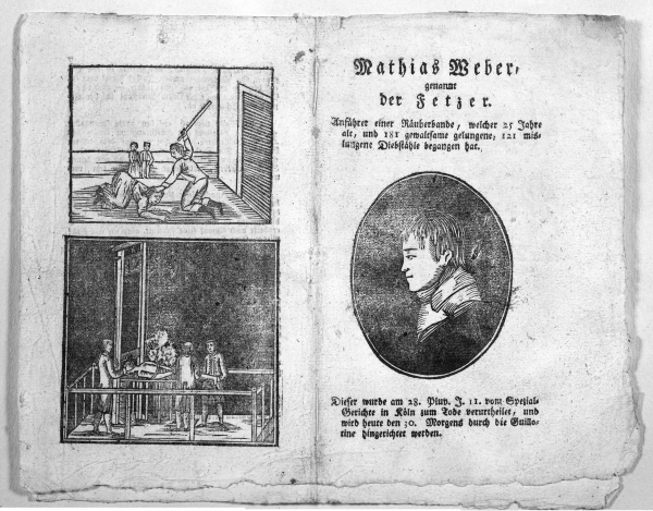 Mathias Weber, Holzschnitt auf einem  Druck zur Hinrichtung von Mathias Weber am 19.2.1803, Originalvorlage in der Graphischen Sammlung des Kölnischen Stadtmuseums