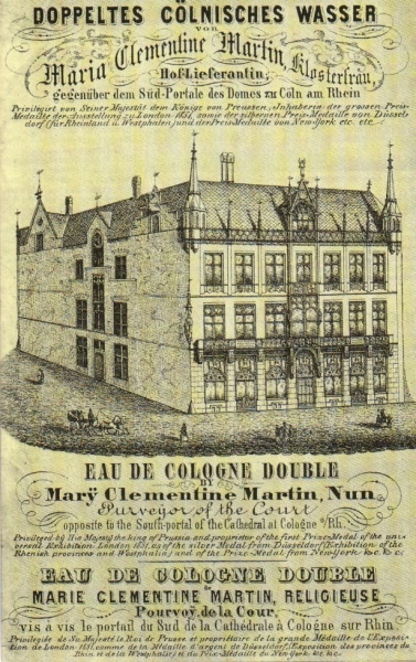 Annonce der Firma Klosterfrau für 'Doppeltes Cölnisches Wasser' mit Herausstellung des ab 1861 bezogenen  neuem Firmensitzes Domkloster 3