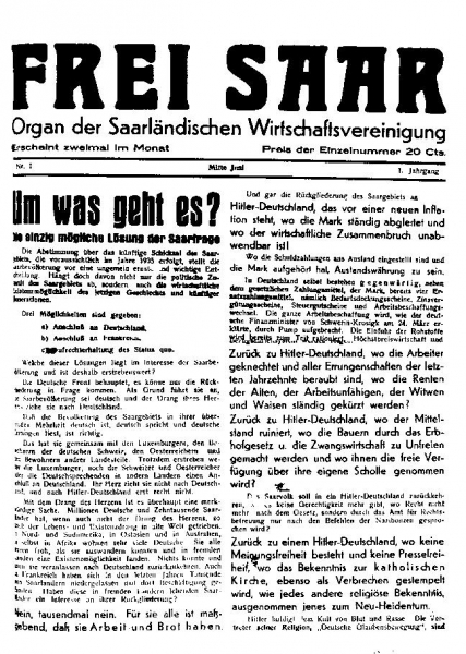 Erste Ausgabe der 'Frei Saar', dem Organg der Saarländischen Wirtschaftsvereinigung, 15.06.1934