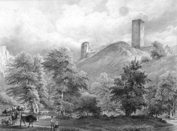 Burg Sponheim, gezeichnet von Johann Caspar Nepomuk Scheuren (1810–1887), Mitte des 19. Jahrhunderts
