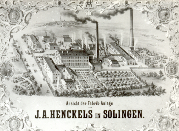 Gezeichnete Fabrikansicht um 1860 mit Auszeichnungsmedaillen