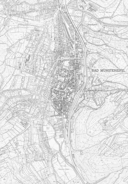 Deutsche Grundkarte Bad Münstereifel von 1969/73 im Verhältnis 1 : 5.000, Ausschnitte der Blätter Bad Münstereifel West (1970) und Ost (1969), Hohn (1972) und Eicherscheid Nord (1973)