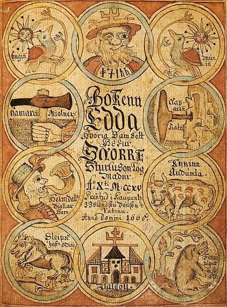 Titelblatt eines Manuskripts der sog. "Edda" auf dem Figuren der nordischen Mythologie abgebildet sind und die als Quelle für die Kreation des Drachens "Smaug" gilt