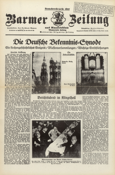 Titelblatt einer Sonderausgabe der Barmer-Zeitung zur Bekenntnissynode, Mai 1934