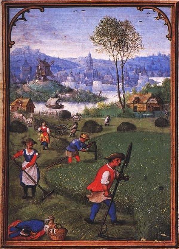 Bauern bei der Heumahd, aus dem Stundenbuch des Simon Bening (um 1483-1561), um 1530, Original in der Staatsbibliothek München, cod. lat. 23638, fol. 8v