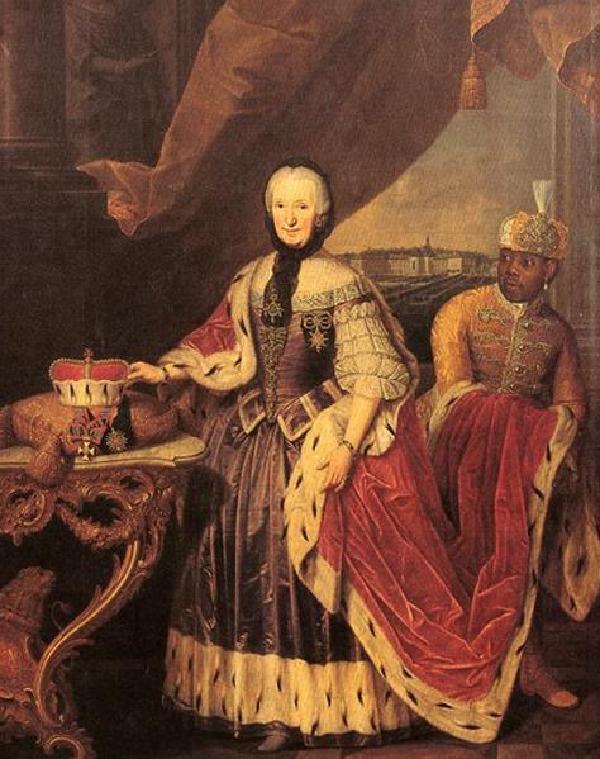 Fürstäbtissin Franziska Christine von Pfalz-Sulzbach mit Kammermohr Ignatius Fortuna, Gemälde von J. Schmitz, um 1770