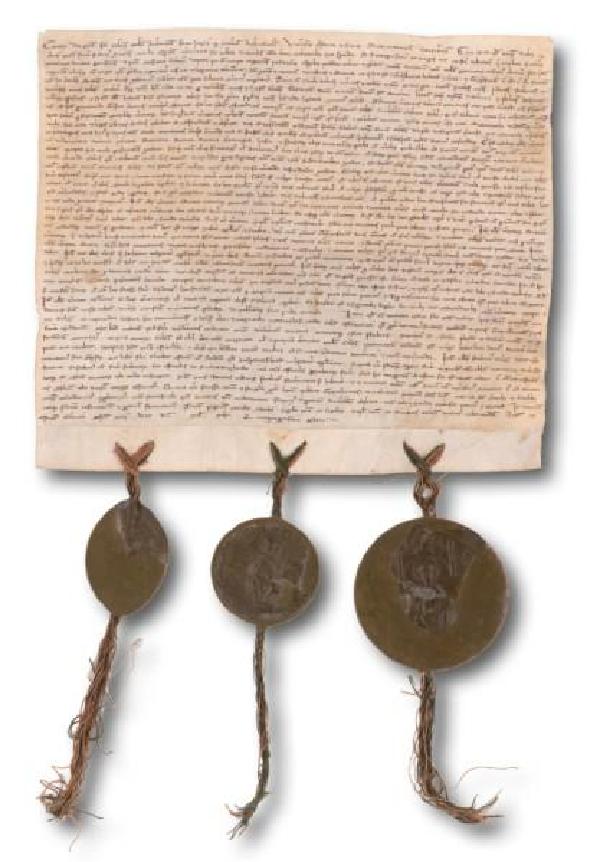 Das Stapelprivileg von 1259 mit den Siegeln von Erzbischof Konrad von Hochstaden, dem Domkapitel und der Stadt Köln.