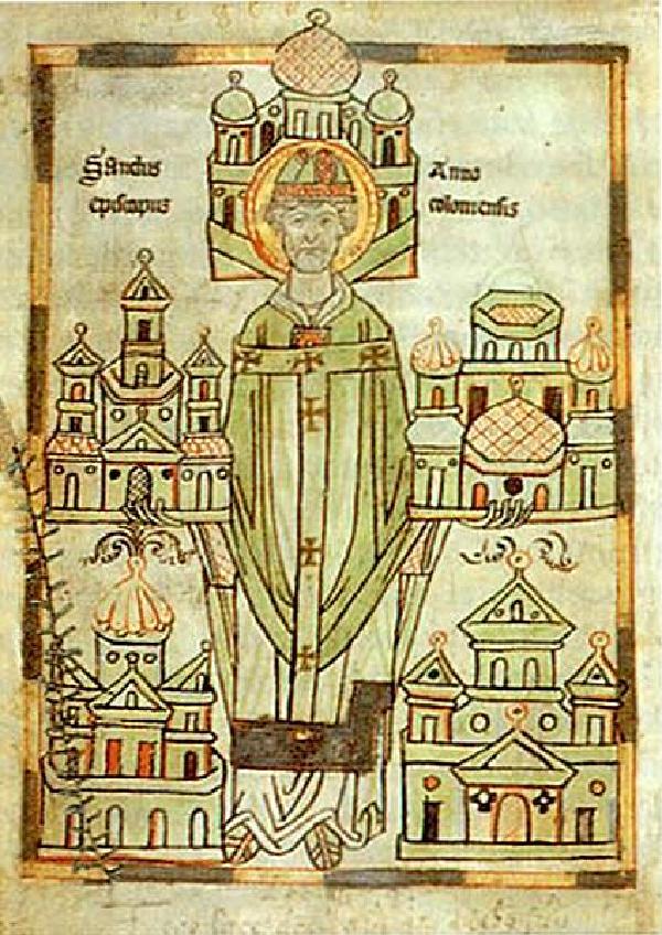 Erzbischof Anno II. von Köln, kolorierte Federzeichnung in der Handschrift der Vita Annonis minor, Siegburg, um 1183. Abgebildet ist Anno II. mit Modellen der von ihm gegründeten fünf Kirchen und Klöster
