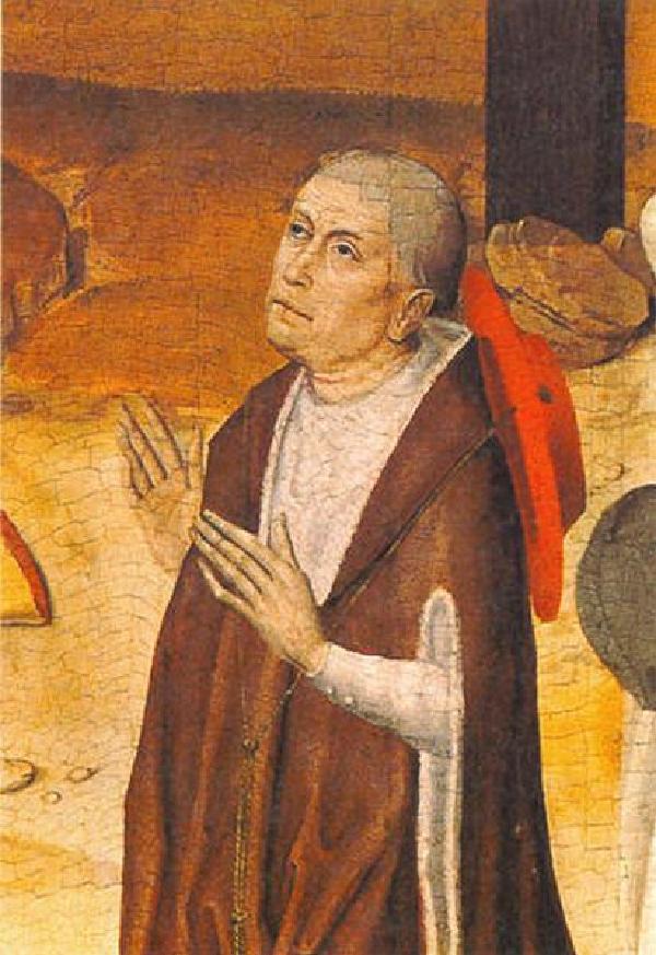 Nikolaus von Kues als Stifter im Passions-Triptychon des Meisters des Marienlebens (um 1460-1490 in Köln tätig), um 1460, Kapelle des St. Nikolaus-Hospitals, Bernkastel-Kues