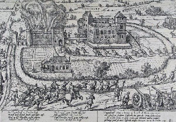 Einnahme von Poppelsdorf im Truchsessischen Krieg, Kupferstich von Frans Hogenberg, 1583