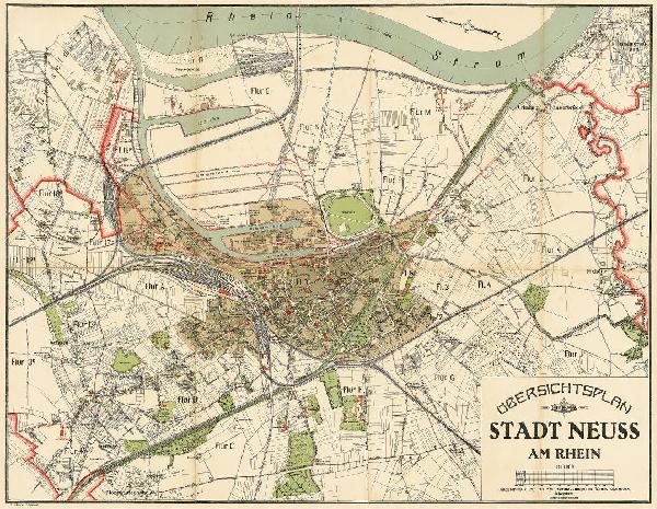 Übersichtsplan der Stadt Neuss am Rhein von 1925 im Verhältnis 1 : 10.000, angefertigt durch das Stadtvermessungsamt Neuss, Vermessungsdirektor Schweitzer