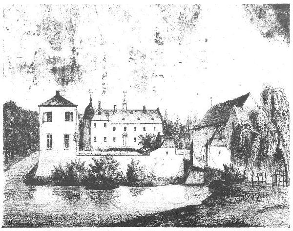 Haus Bachem bei Frechen, 1830, gezeichnet von C. Beckers, Lithographie von J.C. Baum