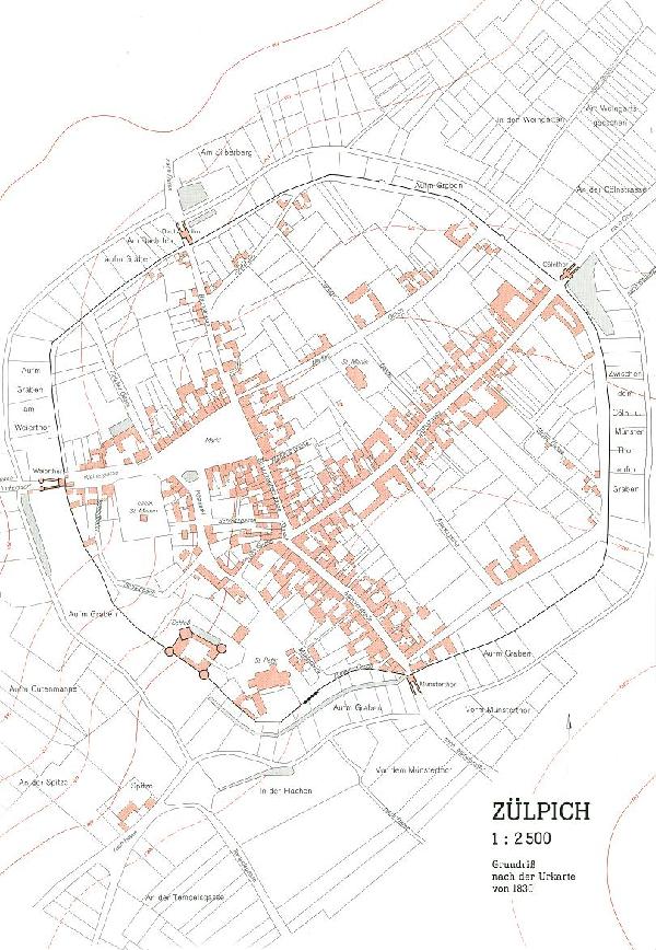 Grundriss der Stadt Zülpich im Verhältnis 1:2.500 nach der Urkarte von 1830